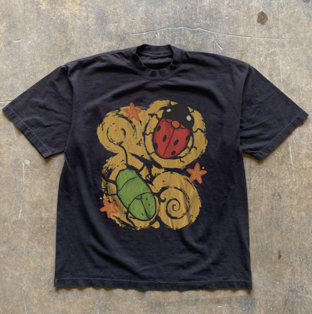 Ladybug Green Beetle Swirl Graphic Cottagecore Vintage Black T-Shirt